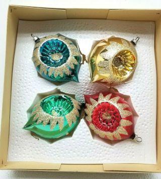 4 Vintage Hand Blown Glass Indent Christmas Ornaments Hand - Painted & Glitter