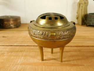 Old Chinese Archaic Gilt Bronze Tripod Censer Incense Burner