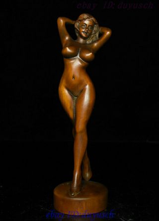 7“ Collect Chinese Boxwood Wood Carving Sexy Woman Naked Belle Statue