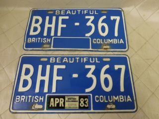 Bc British Columbia License Plate Matching Pair Bhf 367 Blue White 1983