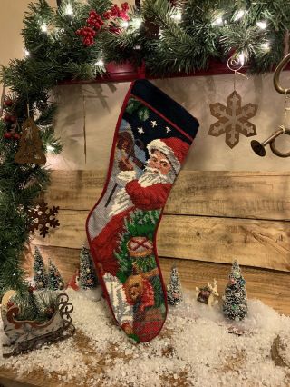 Vintage Christmas Stocking Needlepoint 20 " Santa With Teddy Bear Needle Point