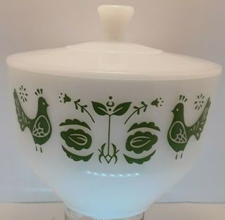 Vintage Federal Milk Glass Grease Bowl With Lid Green Partridge Friendship Birds