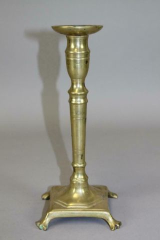 A Fantastic Early 17th C Square Base Spanish Brass Candlestick Trifid Paw Feet