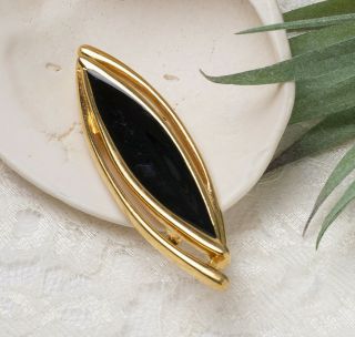 Vintage Monet Black Enamel Eye Shaped Gold Tone Modern Bar Pin Brooch