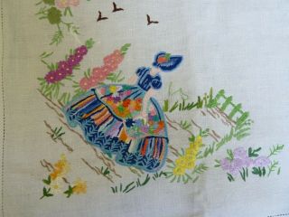 Vintage Hand Embroidered Tablecloth Crinoline Lady Hollyhocks Daisies 2 