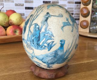 1920’s Ostrich Egg On Wooden Stand Decoupage Decoration Hunting Shooting Fishing
