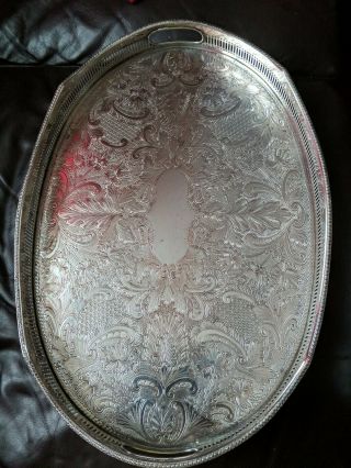 Vintage English Silver Plate On Copper Pierced Gallery Oval Tray 46cm/31cm.  Apx