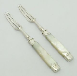 Rare Pair Edwardian Solid Silver & Mother Of Pearl Handle Forks Hm1904