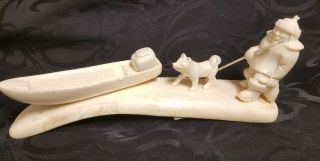 Antique Vintage Bone Tusk Carving Hunter Man Dog And His Boat Russian