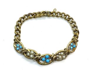 Antique Victorian Forget Me Not Seed Pearl & Turquoise Gilt Metal Bracelet