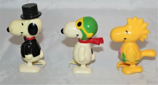 3 Vintage 1980’s Peanuts Plastic Wind - Up Walking Toys,  Snoopy & Woodstock