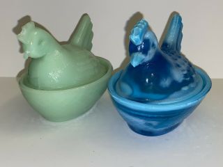 Vintage Glass Hen On Nest Chicken Covered Dish Pair - Blue And Green - 4.  5”