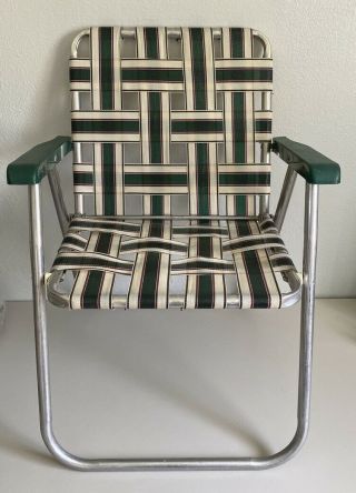 Vintage Aluminum Folding Webbed Webbing Green White Red Stripes Lawn Chair
