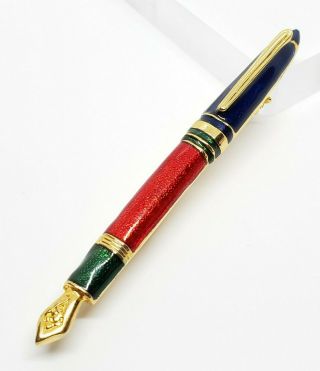 Unique Vintage Gold Tone Red Green Blue Enamel Fountain Pen Modernist Brooch