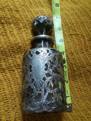 Antique Sterling Silver Overlay Glass Perfume Bottle 4.  5/6.  5 In High