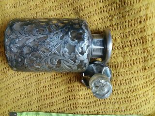 ANTIQUE STERLING SILVER OVERLAY GLASS PERFUME BOTTLE 4.  5/6.  5 in high 3