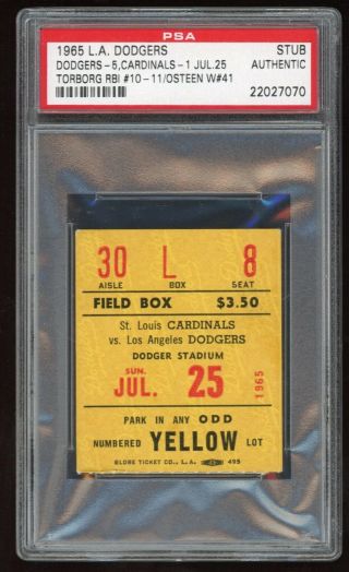1965 Los Angeles Dodgers World Series Season 7/25/65 Cardinals Ticket Stub Psa