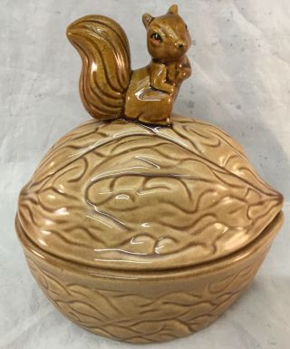 Vintage Ceramic Squirrel Walnut Candy Dish Nut Bowl Canister With Lid 6” Long