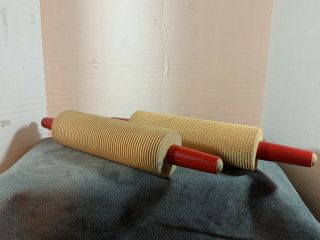 2 Wooden Grooved Rolling Pins For Pastry Or Lefse 10 " Long Overall 16 " Roller Vtg