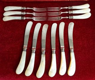 Antique 12 Pc/6 Pairs Set Silver Collar Dessert Knifes/forks Mother Of Pearl