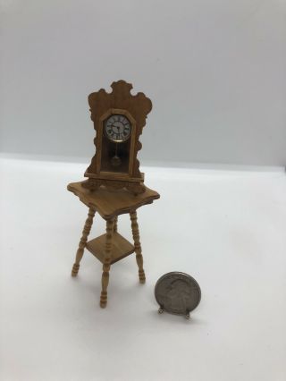 Miniature Dollhouse Wooden Table And Clock Signed By R.  L.  Carlisle