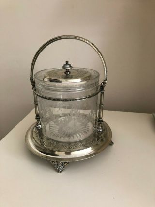 Antique Quality Cut Glass Biscuit Barrel With Ornate Silver Plate Lid/handle