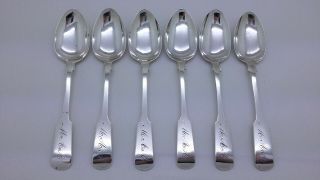 Set Of 6 Victorian 1853 Newcastle Solid Sterling Silver Fiddle Pattern Teaspoons