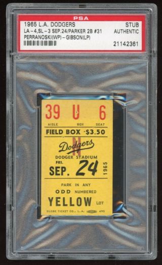 1965 Los Angeles Dodgers World Series Season 9/24/65 Cardinals Ticket Stub Psa