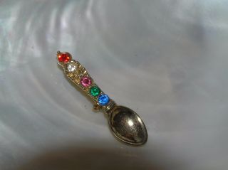 Vintage Small Goldtone Spoon With Colorful Rhinestone Handle Pin Brooch – 1.  75 X
