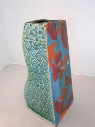 Vintage Ceramic Studio Pottery Vase.  Artist Signed.  Geometric & Leaf Design 7 "