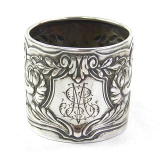 Antique Art Nouveau German.  800 Silver Serviette Napkin Ring Embossed Flowers