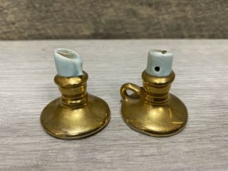 Vintage Arcadia Miniature Pair Blue & Gold Candle Sticks Salt And Pepper Shakers