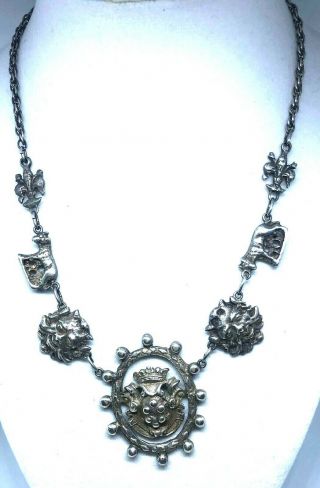 Antique Sterling Silver Necklace Gargoyle Crest Links