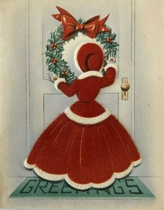 Vintage Christmas Card Lady In Flocked Red Dress Signed