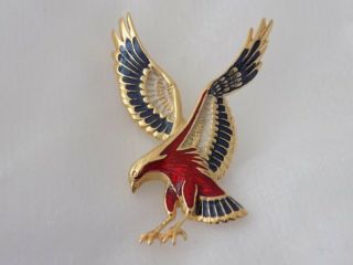 Vintage Red White Blue Enamel Gold Tone American Eagle Brooch 9421