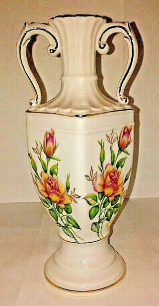 Made In Japan White Vase With Flower Rose Gold Trim Handles 8 " Vintage