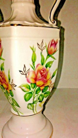 Made In JAPAN White Vase with Flower Rose Gold Trim Handles 8 