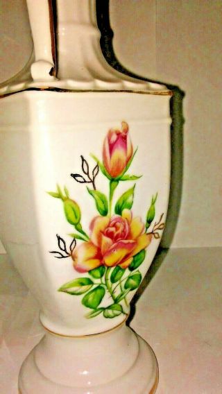 Made In JAPAN White Vase with Flower Rose Gold Trim Handles 8 