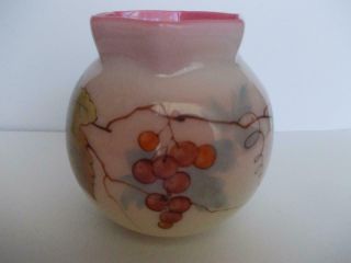 933 / Hand Painted Grape Vine Antique Webb Queens Burmese Uranium Glass Vase