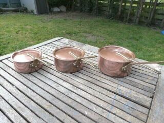 Lovely Set Of 3 Vintage Graduated French Copper & Brass Handle Saucepans & Lids