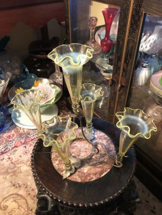 Victorian Five Horn Epergne Vaseline Glass Wire Base