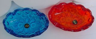 Smith Glass Vintage Moon And Stars Ashtrays Set Of 2 Blue & Red W/stickers