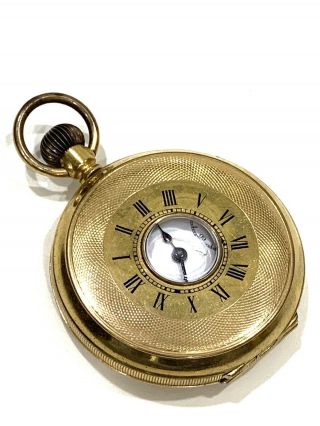 Antique Gold Plated Half Hunter Pocket Watch Enamel Numerals Engine Turned