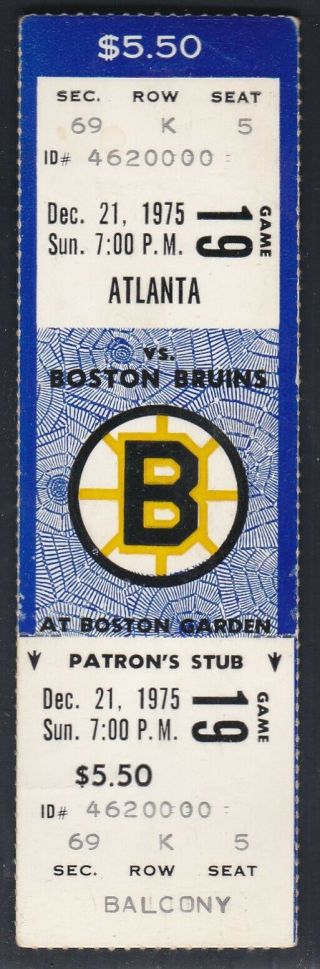 December 21,  1975 Boston Bruins Vs.  Atlanta Flames Full Ticket Stub