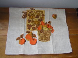 Vintage Linen Kitchen Towel W Orange & Gold Fall Harvest Pumpkins Fruit Basket