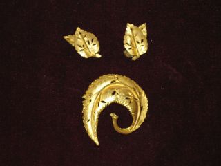 Vintage Signed " Bsk " Gold Toned Leaf Brooch With Matching Clip - On Earrings