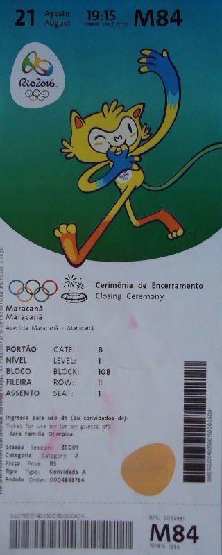 Ticket M 21.  8.  2016 Olympia Rio Olympic Closing Ceremony M84