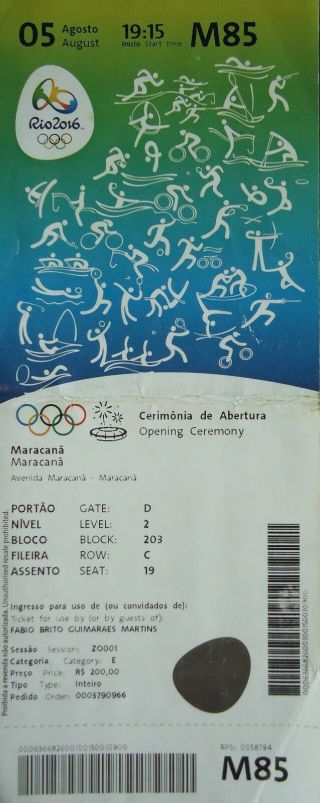 Ticket 5.  8.  2016 Olympic Rio Opening Ceremony M85