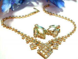 Vtg Stunning Designer Ab Rhinestone Necklace Earring Set Uns Weiss Gold Tone