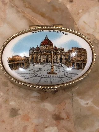 Vintage Roma S.  Pietro Porcelain Gold Tone Metal Trinket Box Pill Box
